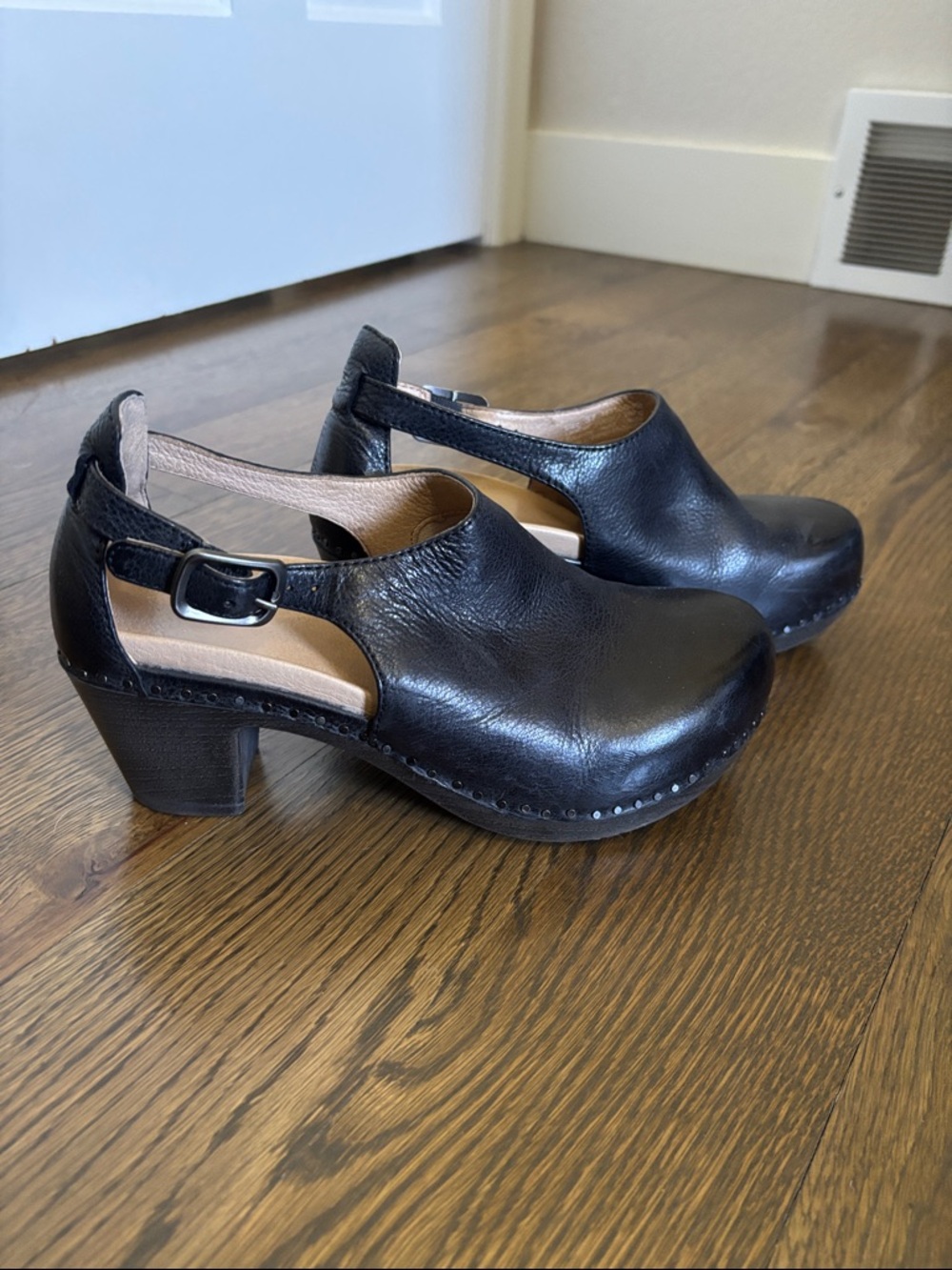 Dansko Black Leather Slingback Clogs